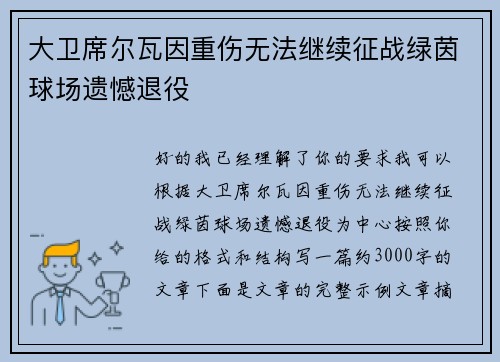 大卫席尔瓦因重伤无法继续征战绿茵球场遗憾退役