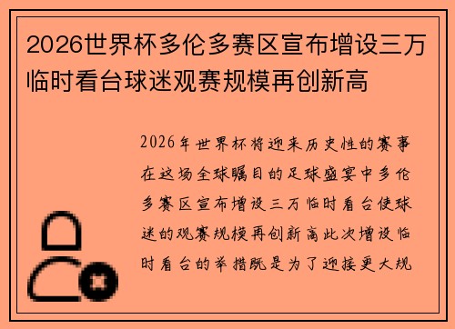 2026世界杯多伦多赛区宣布增设三万临时看台球迷观赛规模再创新高 2026世界杯多伦多赛区宣布增设三万临时看台球迷观赛规模再创新高